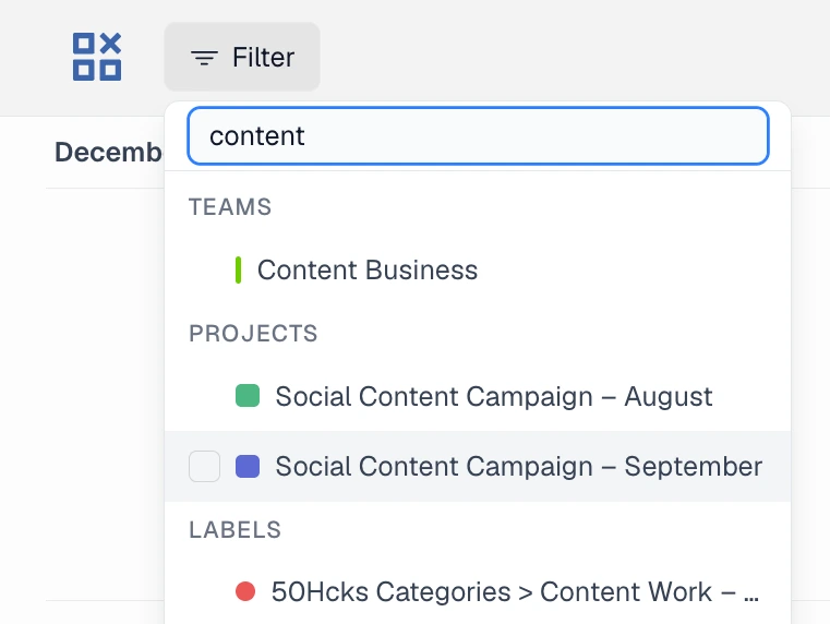 LinCal filter menu searching teams, projects, and labels