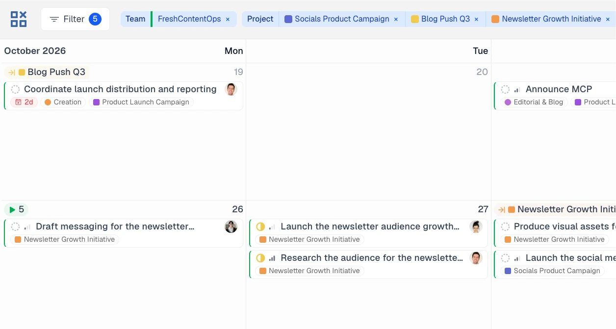 LinCal month view with blog, newsletter, and social tasks across content projects