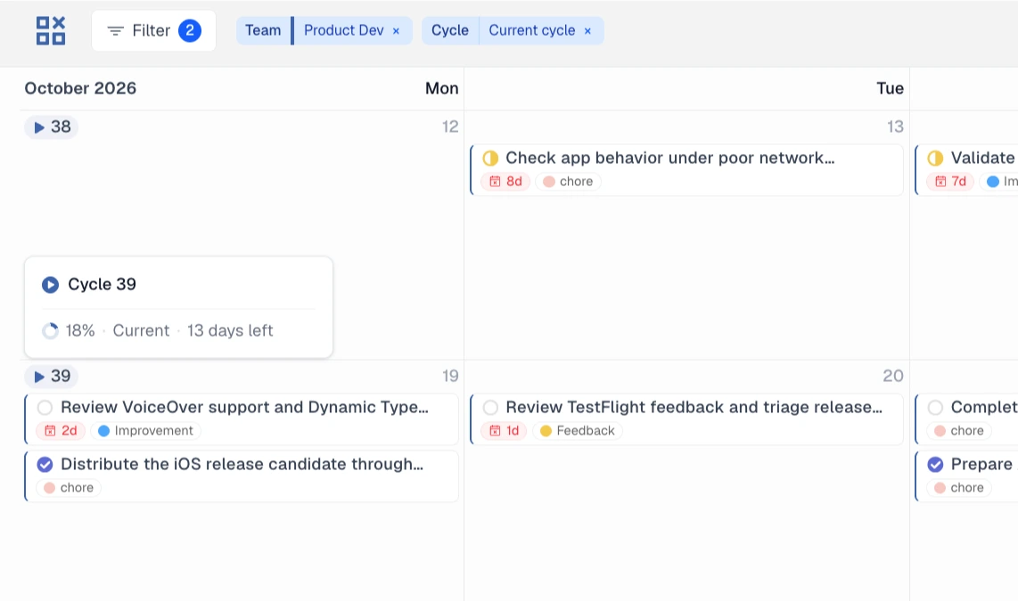 LinCal filtered to the current Linear cycle, with cycle progress and tasks by due date