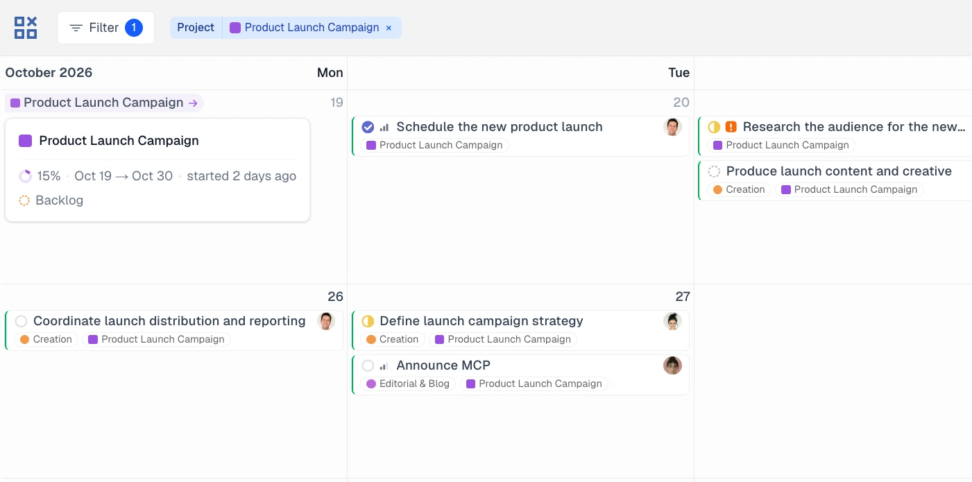 LinCal showing a Linear project’s start date, progress, and its issues on the same calendar